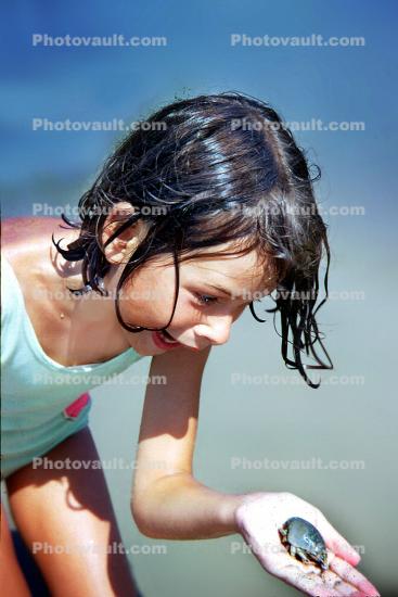 sand flea, discovery, smiles, laughing, girl, wet hair, retro, 1960s