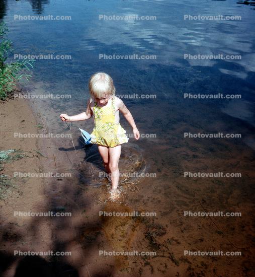 girl walking, wading, bathing suit, water, swimsuit, 1970s