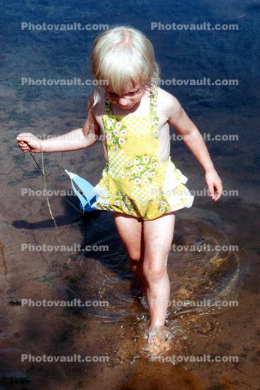 girl, bathing suit, wading, water, swimsuit, 1970s