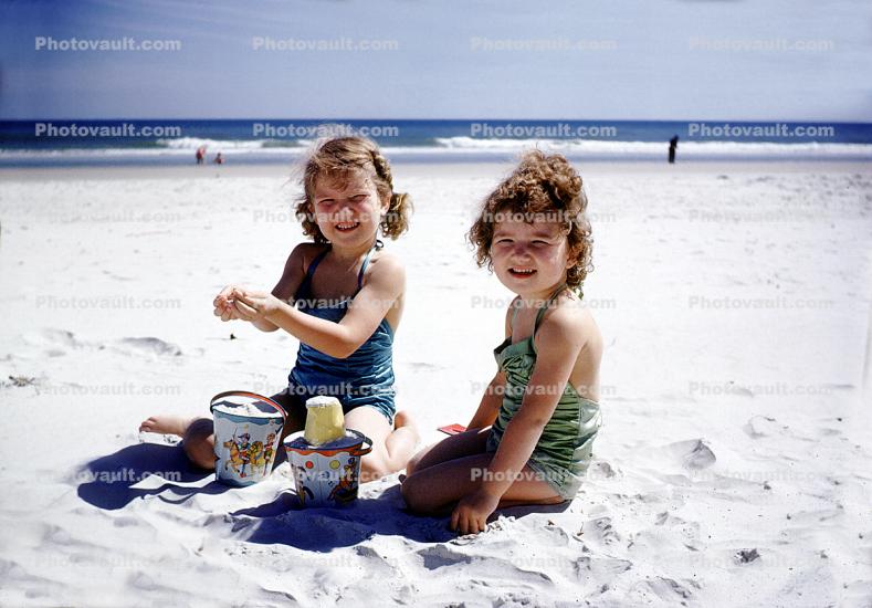 Girl, Beach, Pail, Smiles, Suntan, Sunburn, Sand, 1950s