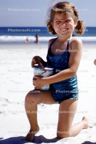 Girl, Beach, Pail, Smiles, Suntan, Sunburn, 1950s