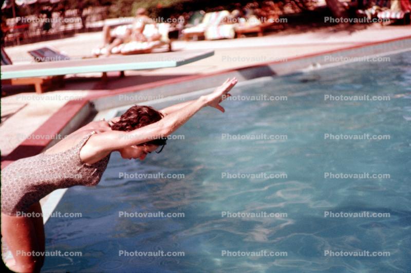Woman Diving into the water, swimming pool, swimsuit, one piece, aio, swimwear, bathing suit, 1950s