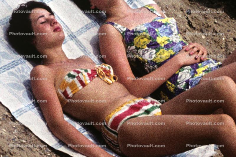 Women, Lounging, Suntan, Beach, 1960s