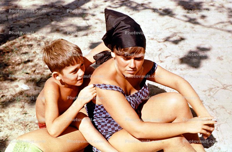 Mother, son, beach, playful, 1960s