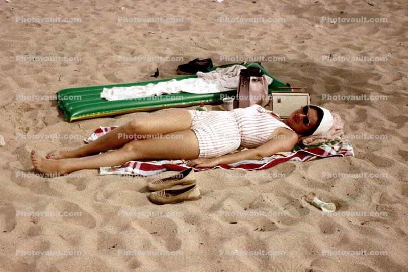 Beach, Sand, Napping, Purse, Radio, Sunburn, Suntan, Sunny, Woman, 1950s