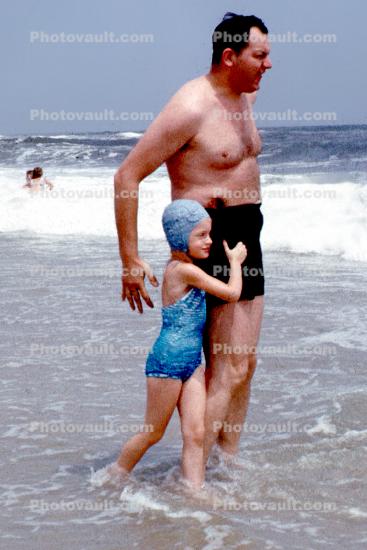 Father, Daughter, Sunny, Ocean, swimsuit, bathingcap, 1950s
