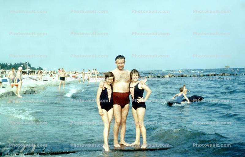 Father, Daughter, Ocean, Beach, Sunny, 1950s