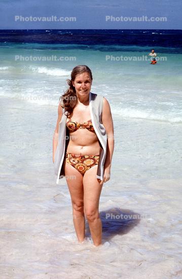 female, beach, bathing suit, bikini, 1974, 1970s