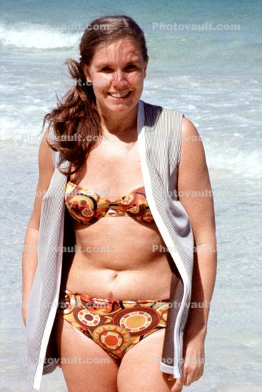 female, beach, bathing suit, bikini, 1974, 1970s