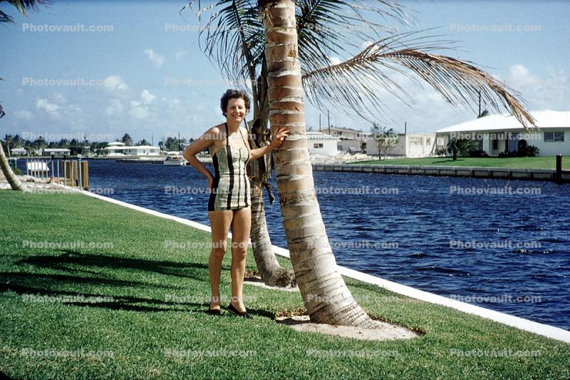 Palm Tree, Florida, Woman, Lawn, 1950s