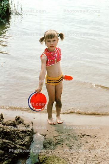Girl, Bucket, Pail, Shore, Water, 1970s