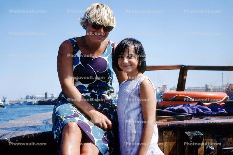 Girl, Female, fun, smiles, sunny day, dress, boat, sunglasses, 1968, 1960s