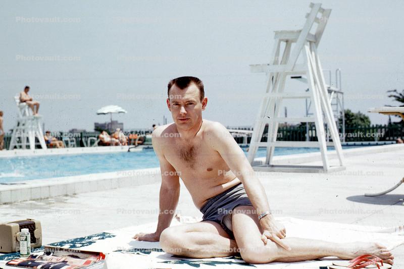 Male, man, men, bathingsuit, sunny day, swim trunks, sun worshipper, sunning, sunburn, poolside, 1956, 1950s