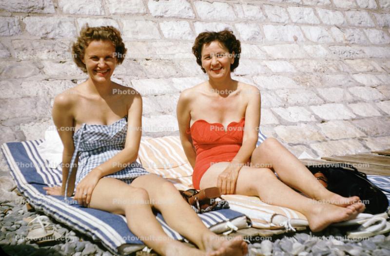Women, Smiling, Suntan, Tanning, Lounging, Sunworshipper, Nice France, 1956, 1950s