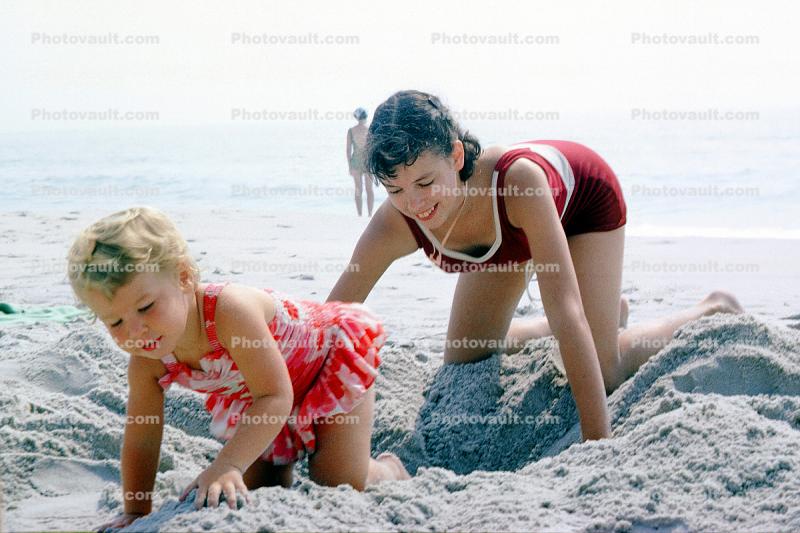 Girl, Sisters, Sand, Beach, Ocean, Smiles, 1966, 1960s