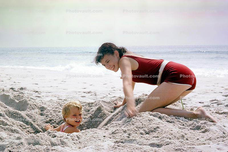 Girl, Sisters, Sand, Beach, Ocean, Smiles, 1966, 1960s