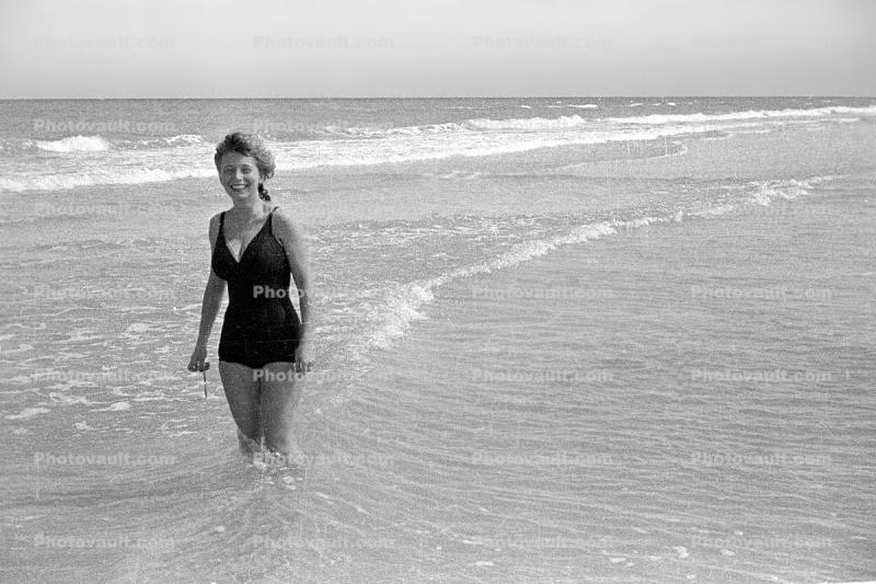 Lady, Woman, Beach, Ocean, Smiles, 1940s