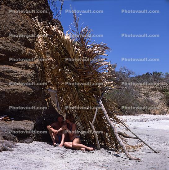 Woman, Man, Palm hut, beach, beachwear, girl, 1960s