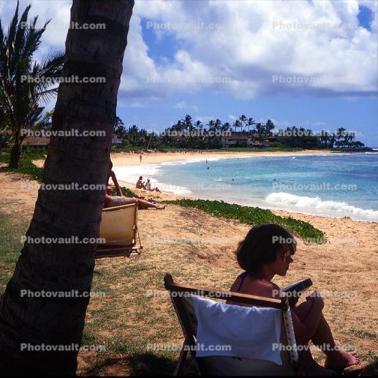 Beach, Woman Sitting, Sand, Chair, Ocean, Palm Trees, swimsuit, Women, 1960s