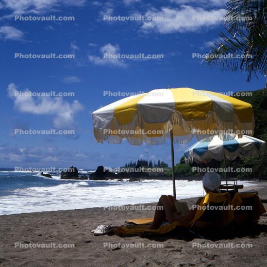 Beach, Ocean, Parasol, Umbrella, Woman Sitting, swimsuit, Women, 1960s