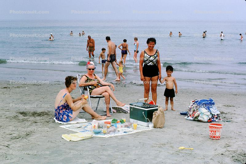 Beach, Water, Women, Boy, Picnic, Cranes Beach, Massachusetts, 1966, 1960s