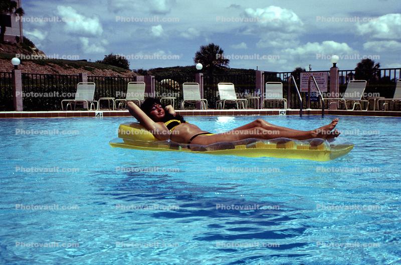Air Mattress, Floating, Bikini Lady, Sunny, Pool, Lounging, Sun Worshipper, Ripples, Water, Liquid, Wet, Wavelets, 1960s