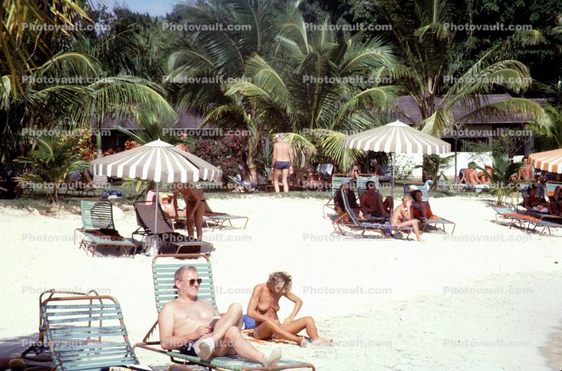 Beach, lounge chairs, umbrellas, sand, palm trees, 1960s