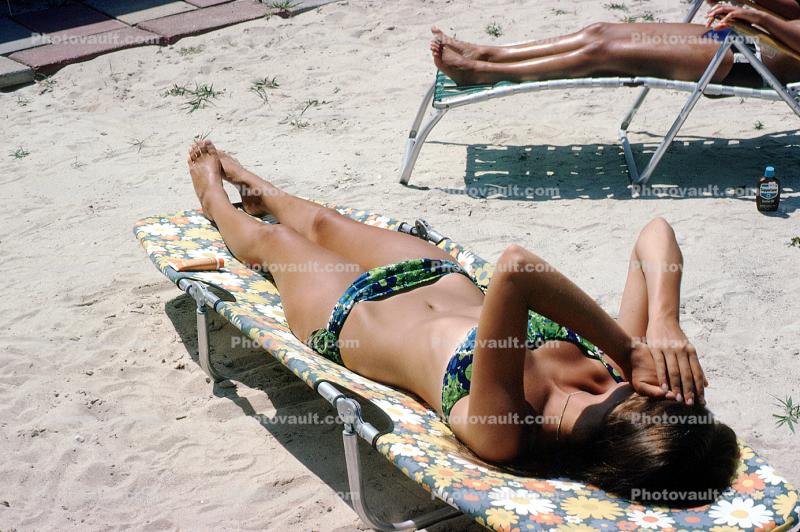 Girl, bikini, bathing suit, suntan, beach, lounge chair, lounging, sun worshipper, 1973, 1970s