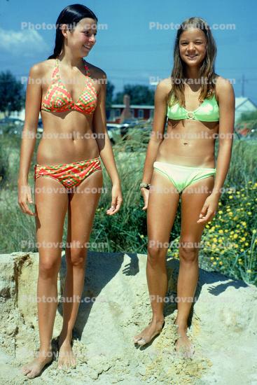 Girl, bikini, swimwear, suntan, smiles, 1972, 1970s