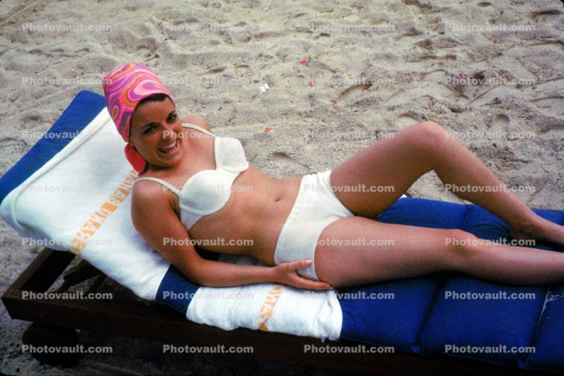 Woman, Lounge Chair, Beach, Sand, 1968, 1960s