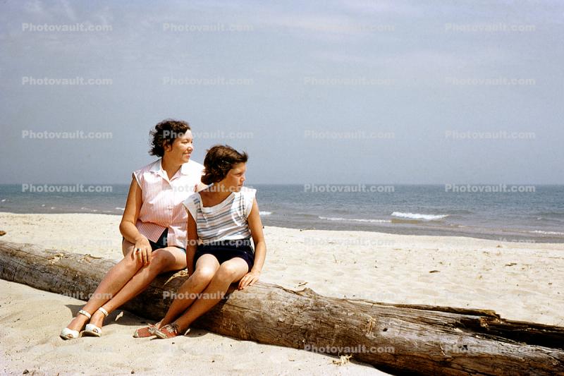 Ocean, Mother, Daughter, Teen, Beach, Windy, Breezy, 1961, 1960s