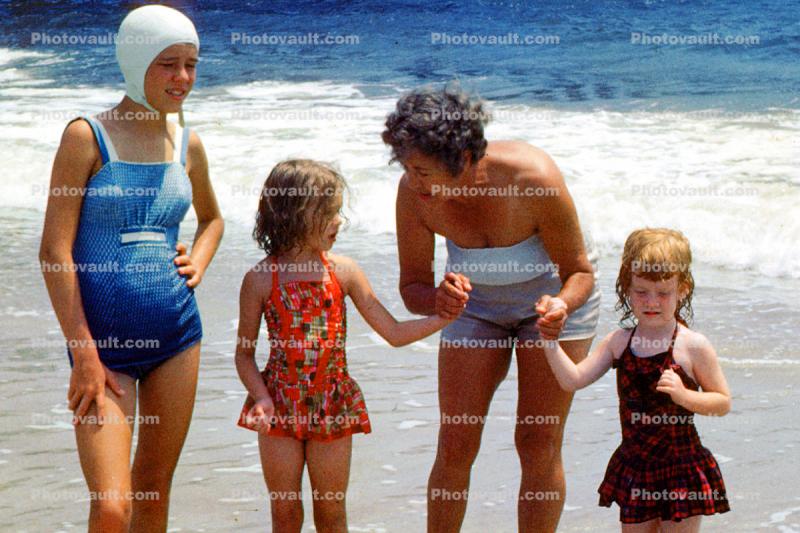 Girls, Woman, Beach, Waves, Bathingcap, Sand, Ocean, Women, Sunny, 1959, 1950s
