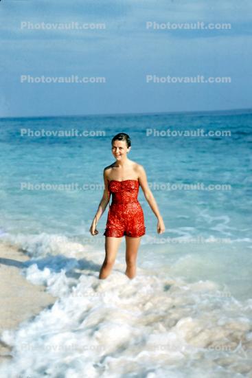 Beach, Sand, Ocean, Women, Sunny, Woman, Waves, 1950s
