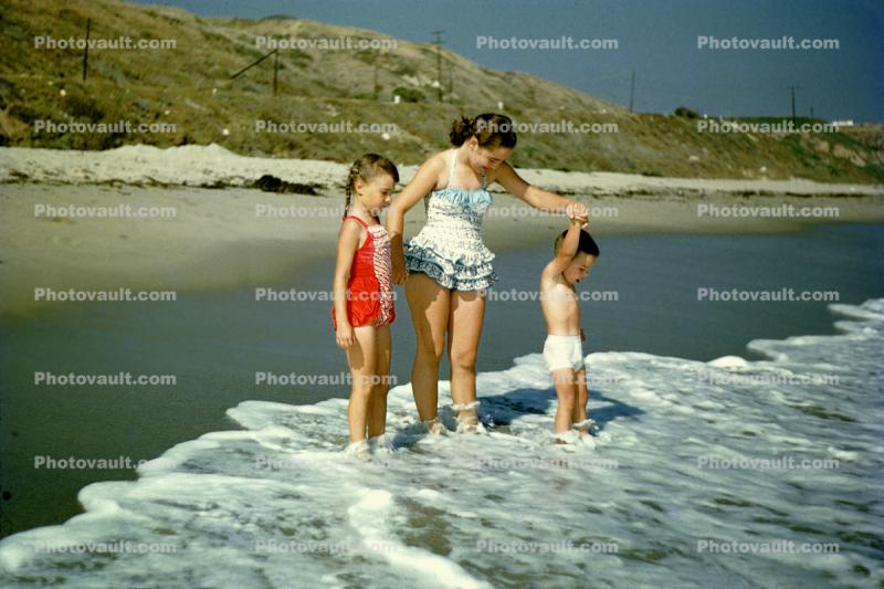 Beach, Sand, Ocean, Girl, Boy, Women, Sunny, Woman, Waves, 1950s