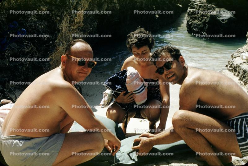 man, male, shirtless, trunks swimsuit, glasses, back, woman, guy, Lady, 1950s