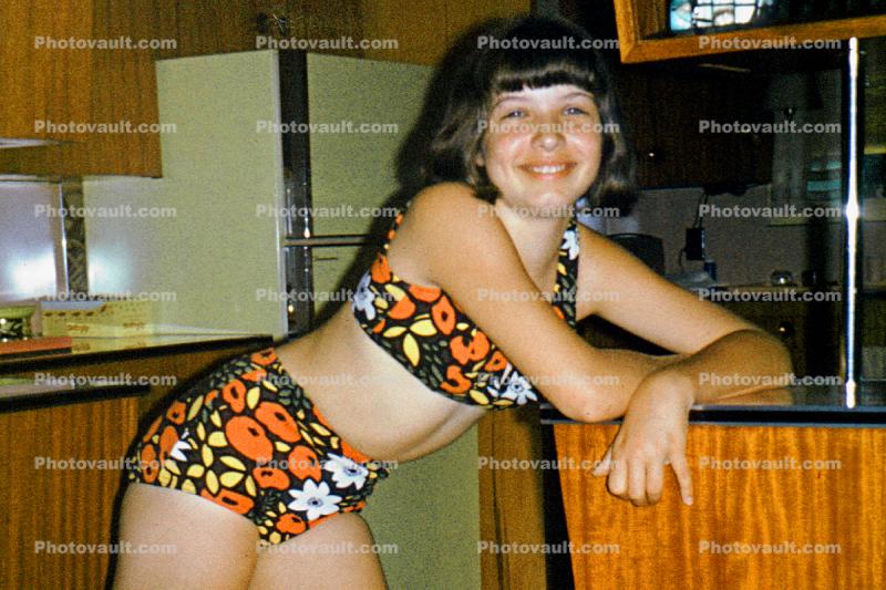 Girl, Smiles, Mod Flowery Swimsuit, 1968, 1960s