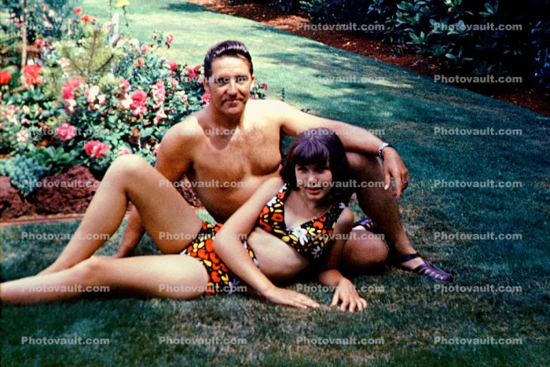 Smiles, Father, Daughter, Girl, Mod Flowery Swimsuit, 1968, 1960s
