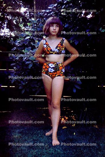 Girl, Smiles, Flowery Mod Swimsuit, 1968, 1960s