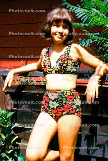 Girl, Smiles, Flowery Mod Swimsuit, 1968, 1960s