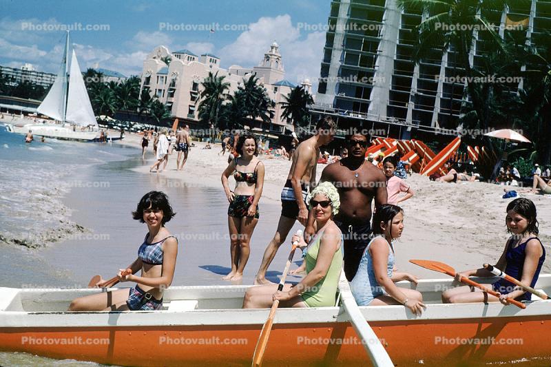 Woman, Outrigger, bathingcap, Paddle, beach, Honolulu, 1966, 1960s