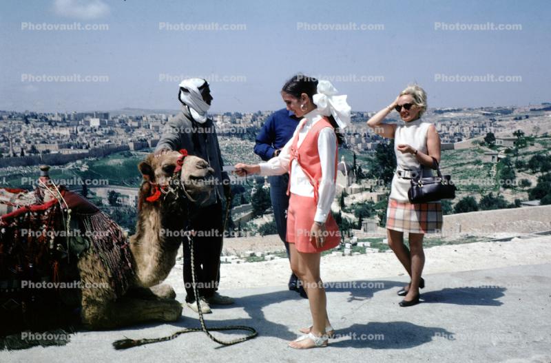 Camel, women, dress, purse, sandels, Jerusalem, 1970, 1970s