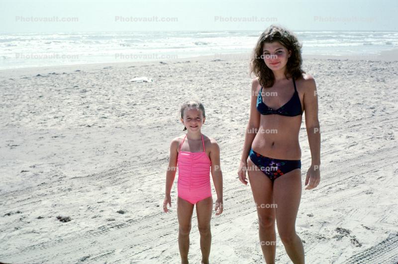 Woman, girl, daughter, beach sand ocean, child, beachwear, 1980, 1980s
