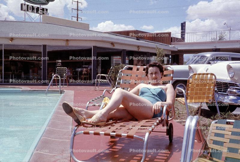 Woman in a Lounge Chair, Motel, Car, Automobile, Vehicle, Bagdad Inn, 2211 South Las Vegas Blvd, 1950s