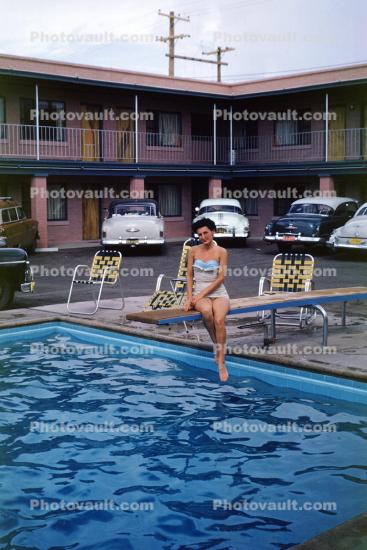 Woman sits on a Diving Board, Swimming Pool, water, Cars, Vehicles, Automobiles, Motel Building, 1954