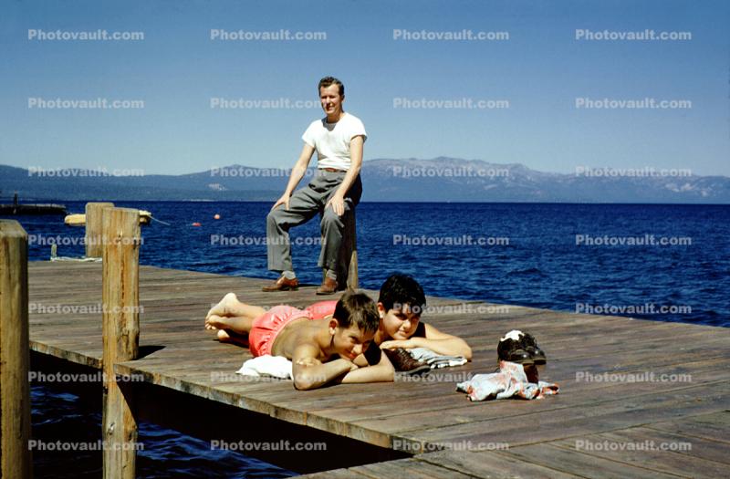 Boys on a Dock, father, man, mountains, 1950s