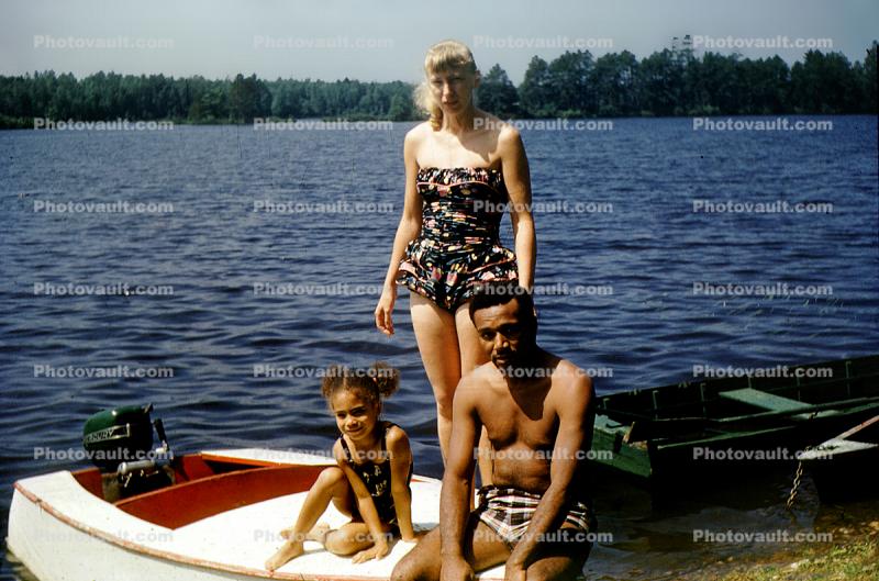 Girl, Woman, Man, Boat, outboard motor, Lake, Water, 1950s