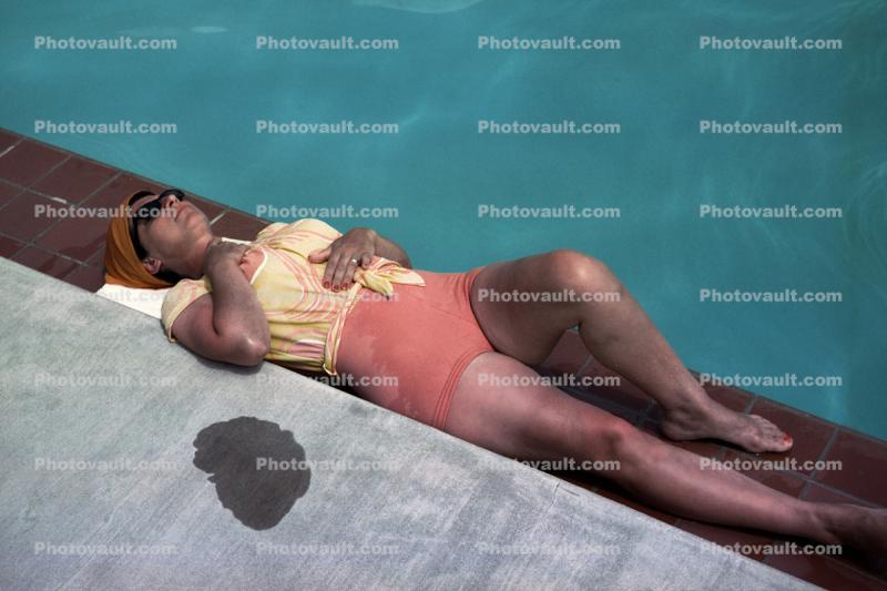 Lady Sunning, Sun Worshiper, Wet Bathing Suit, 1950s