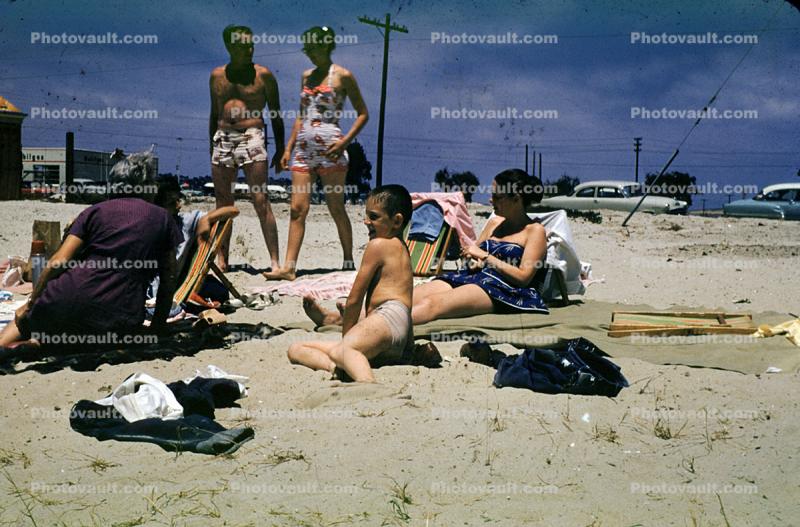 Boy, Girls, Women, Beach Sand, swimsuits, 1950s