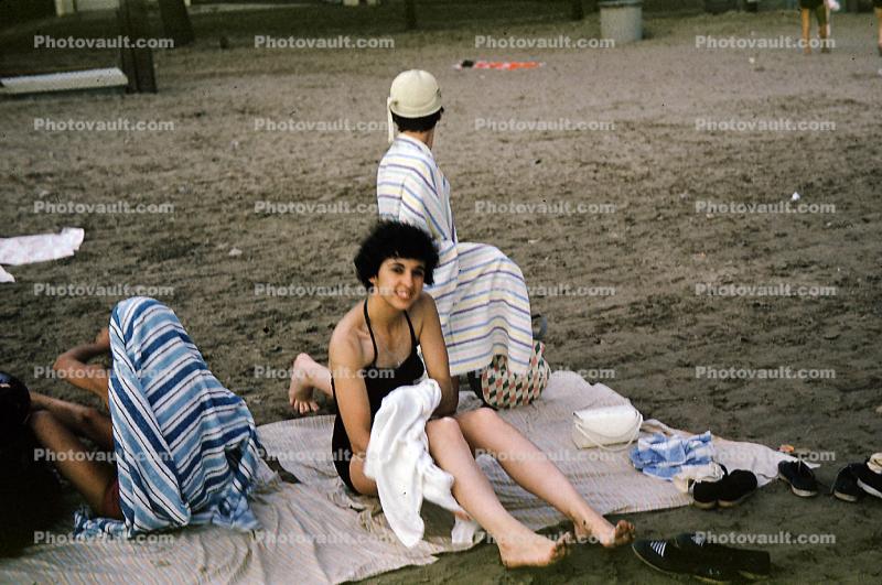 Girl on the Beach, towel, barefeet, barefoot, legs, 1950s