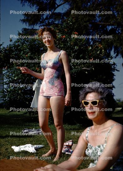 Women, glasses, one piece bathing suit, 1950s